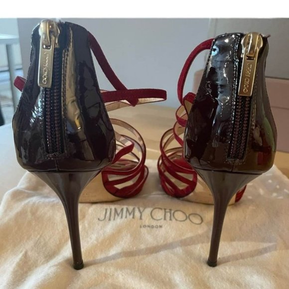 JIMMY CHOO FISCAL SUEDE & PATENT LEATHER STRAPPY STILETTO SANDALS (37.5) - Picture 5 of 8